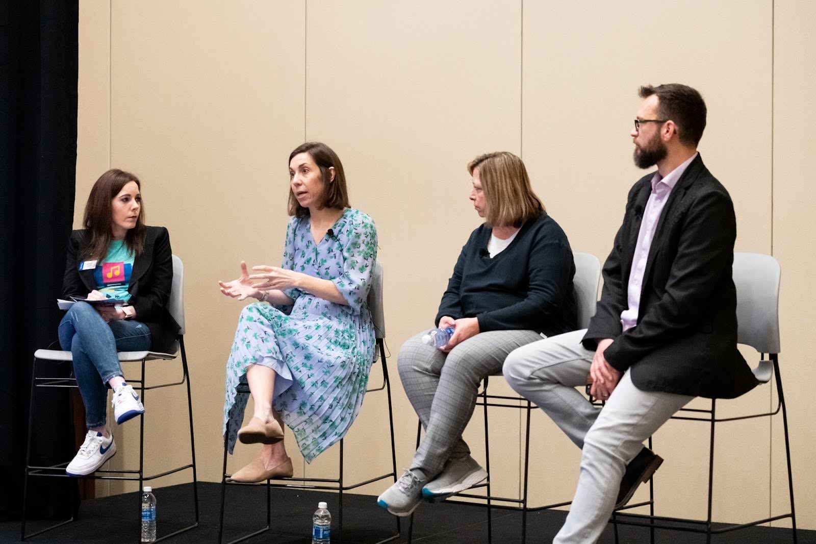 From left to right, Jennifer Cortez, VP of Demand Generation at Alkami, Kate Purdy, Marketing & PR VP at Signal Financial Federal Credit Union, Kathy Bushway, Chief Marketing Officer at Premier Bank, and Todd Petelle, Digital Experience Manager at 3Rivers Federal Credit Union in conversation at Alkami Co:lab 2024.