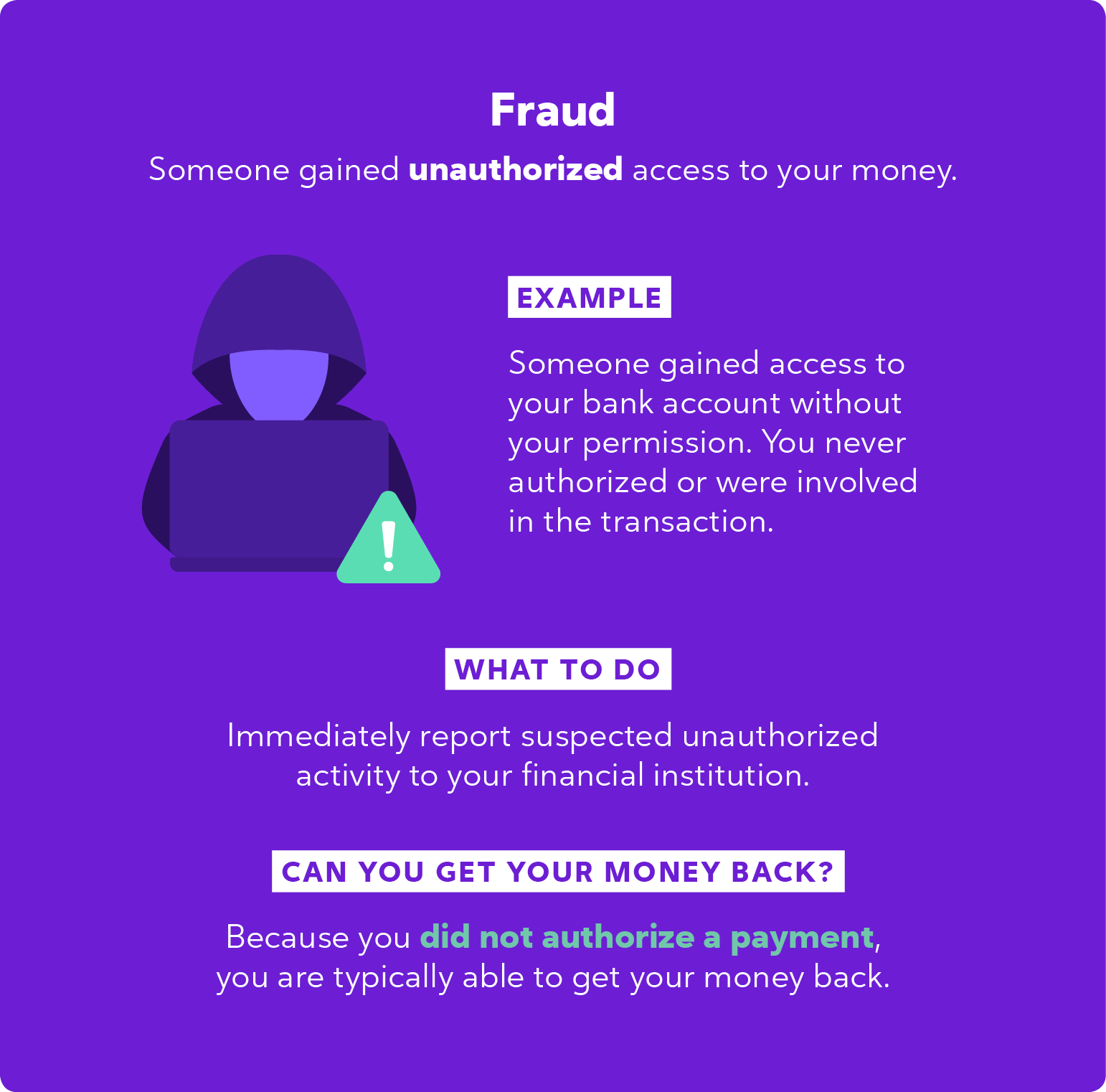 Unauthorized transactions made through Zelle without your permission are typically considered fraud in digital banking solutions, account holders need the ability to report this immediately to their financial institution to recover funds.