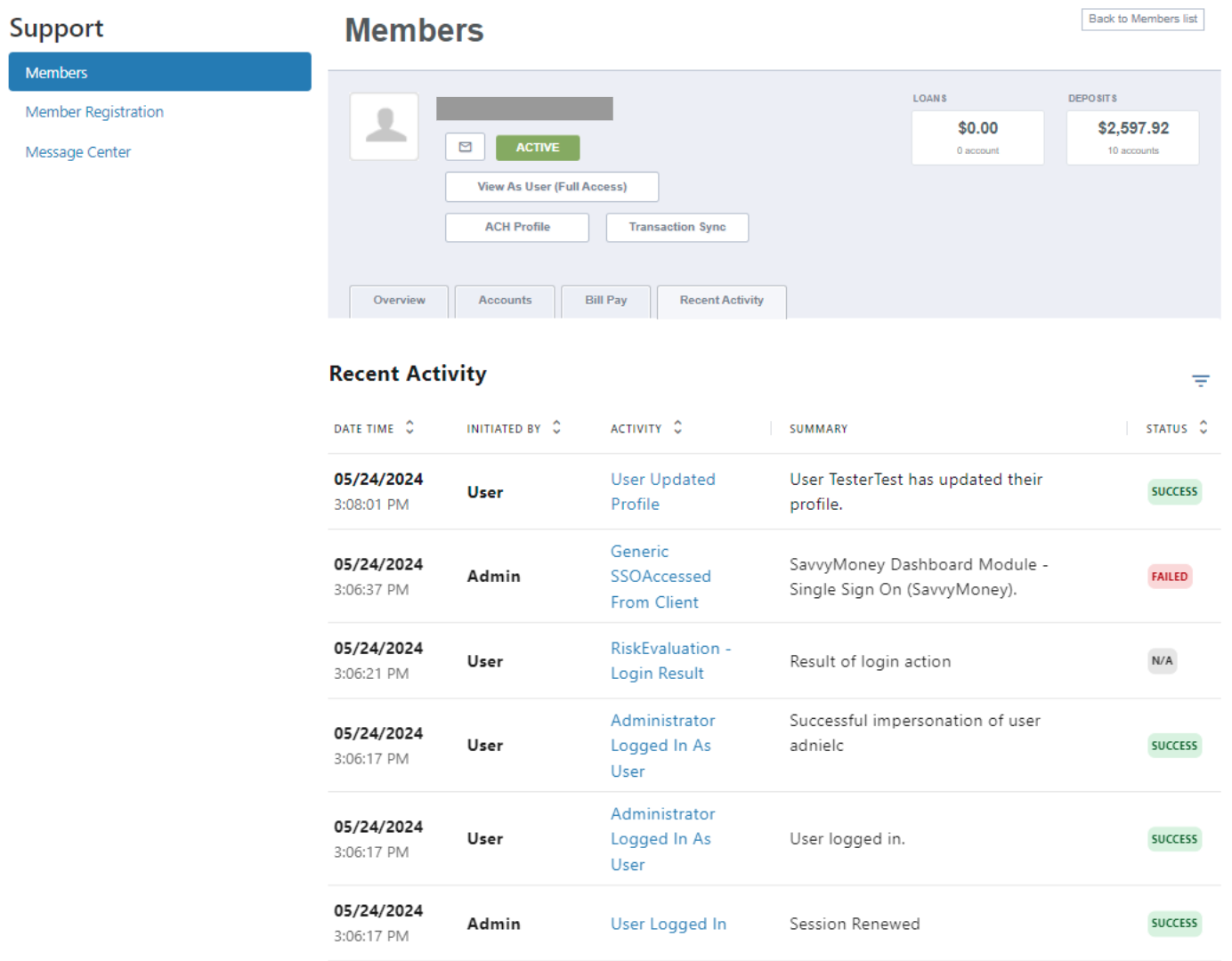 Screenshot of operational data from digital banking solution users’ recent activity